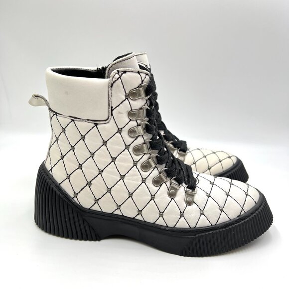 Black And White Leather Quilted Studded Lace Up Combat Moto  Boots Size‎ 37 EU - Picture 1 of 16